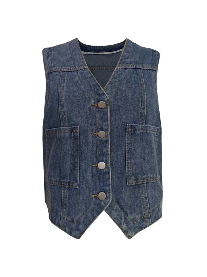 HIDDENBRAND - Wholesale Outerwear Vest - Women's - Western streetwear vintage washed button v-neck denim vest