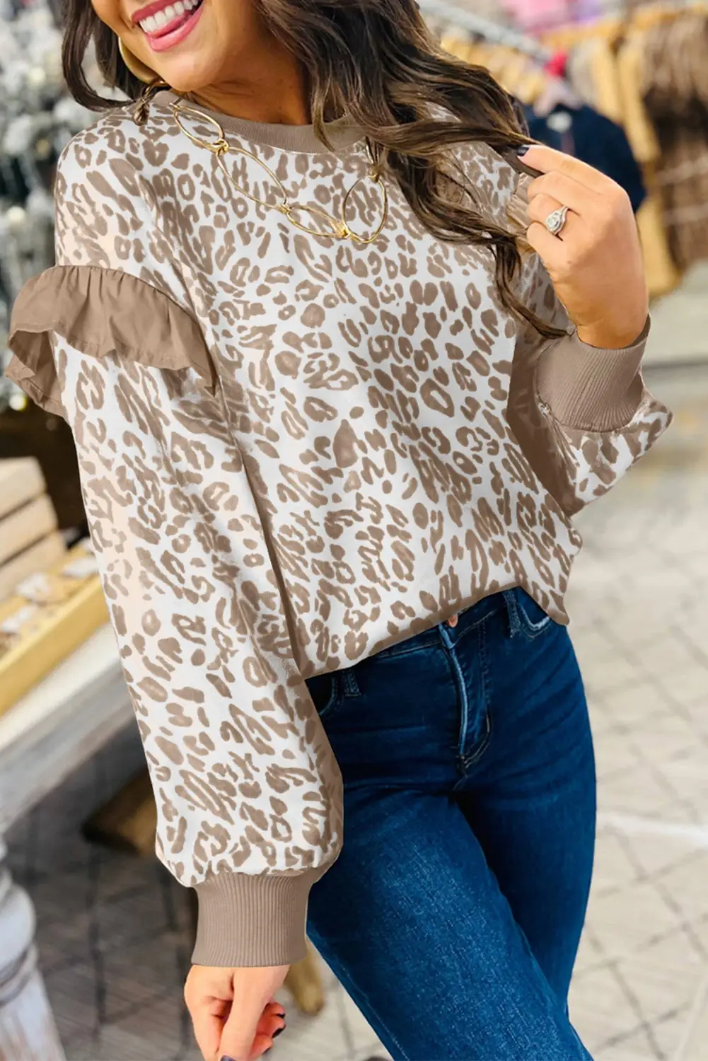 Lovesoft - Wholesale Sweatshirt - Women's - Khaki Leopard Ruffle Detail Ribbed Trim Round Neck Sweatshirt5