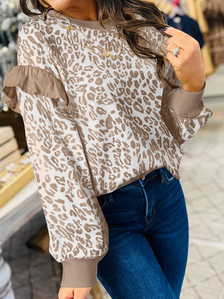 Lovesoft - Wholesale Sweatshirt - Women's - Khaki Leopard Ruffle Detail Ribbed Trim Round Neck Sweatshirt5