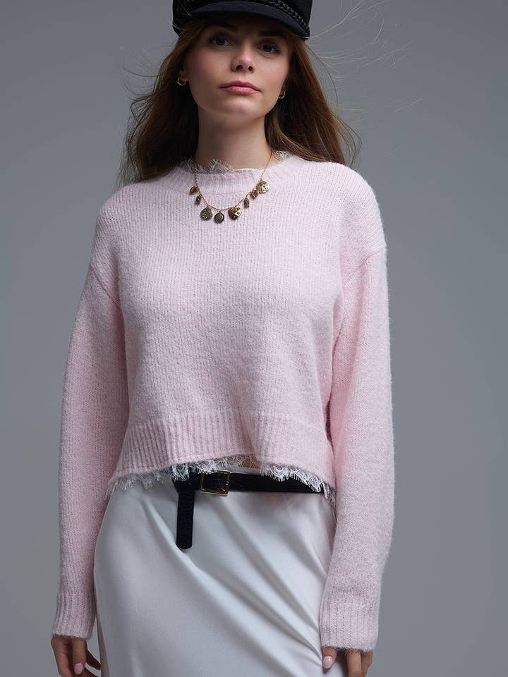 Lace Detail Relaxed Pink Sweater for wholesale by Q2—All Orders:Free Duties for the US,UK,and Canada
