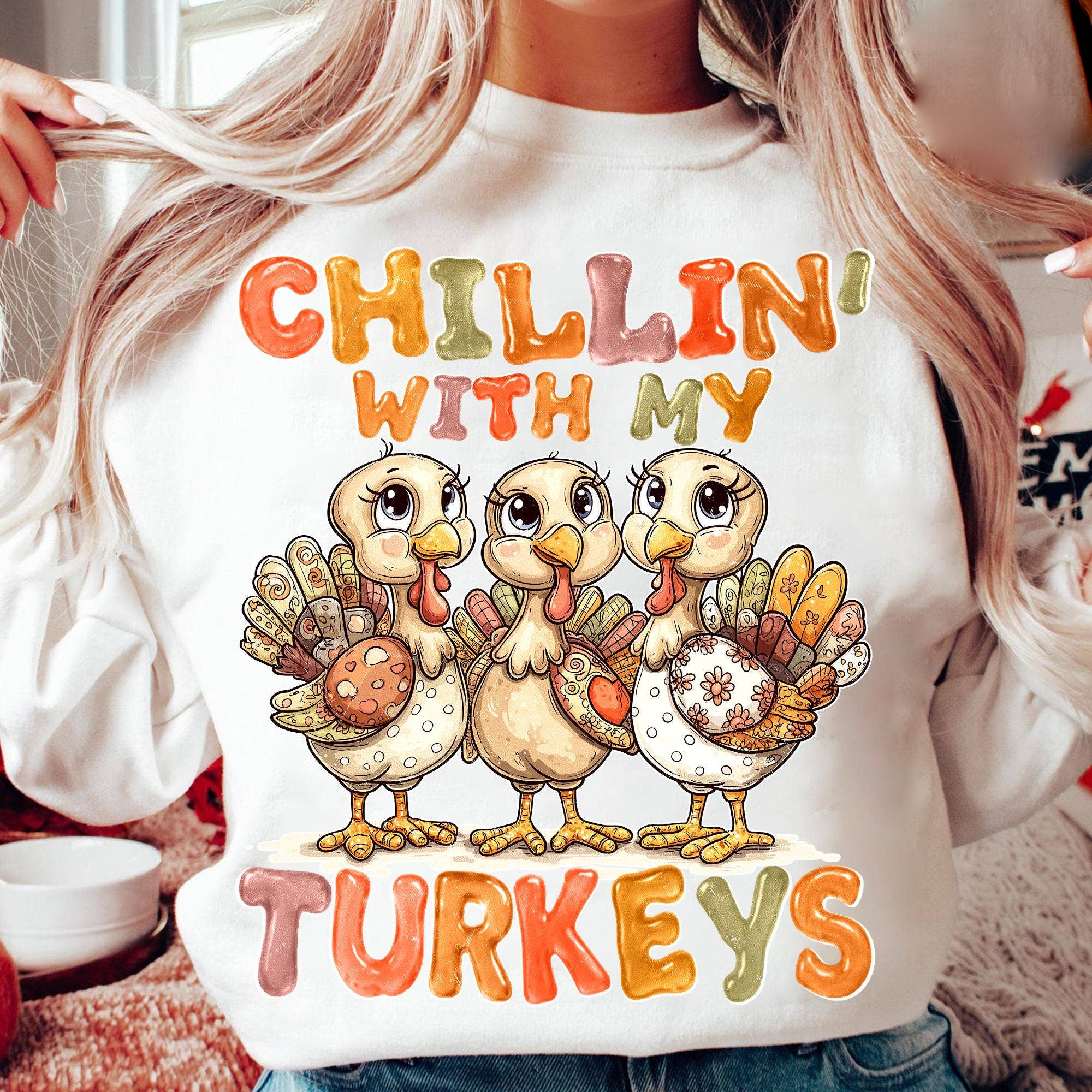 NVC Ecommerce LLC - Wholesale T-Shirt (Graphic) - Women's - Chillin' With My Turkeys Tee, Fall Patchwork Turkey Sweater0