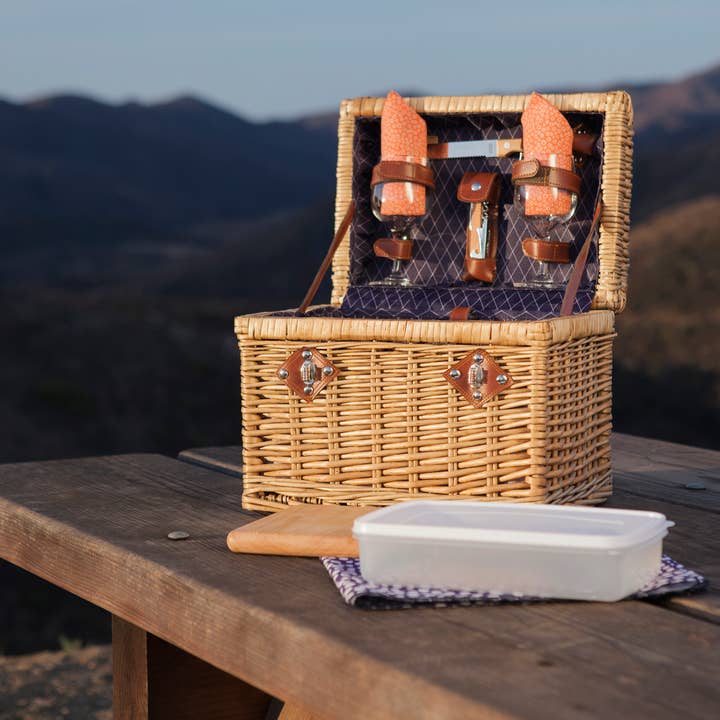 Adeline Collection Deep Purple with Coral Pattern Napa Wine & Cheese Picnic Basket for wholesale on Faire1