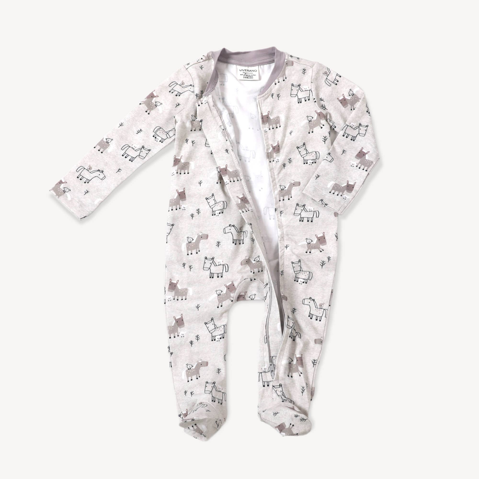 Heather Grey Horse & Bird Baby Zipper Footie Coverall (Organic Cotton) for wholesale on Faire1