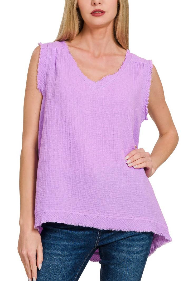 Vanilla Monkey – Engroshandel Tanktop – Kvinder – Tanktop med rå kanter og V-hals i dobbelt gaze0