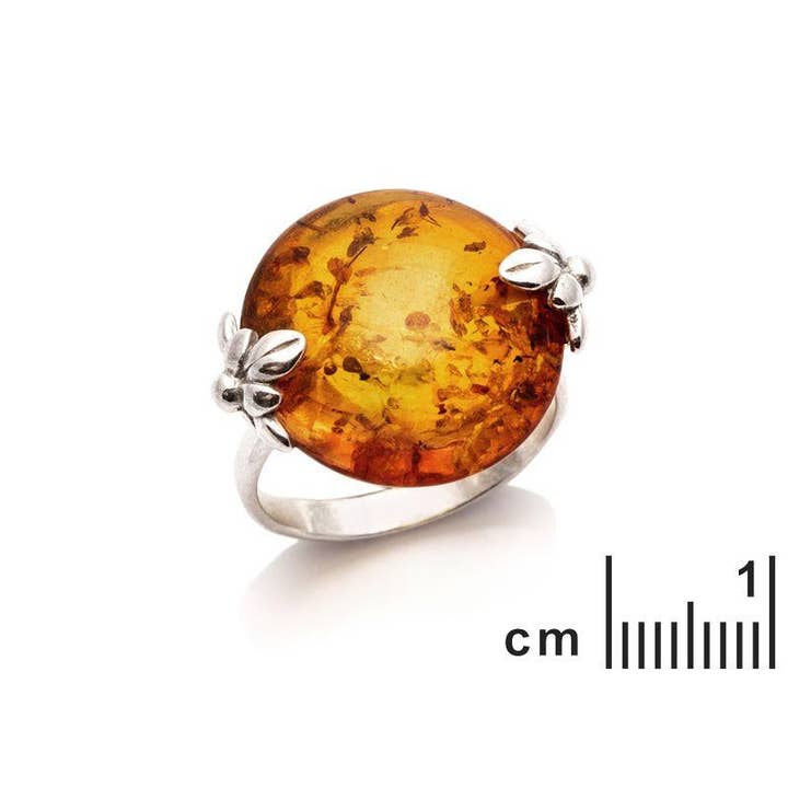 Large round stone ring with round cognac amber, sterling silver for wholesale on Faire1