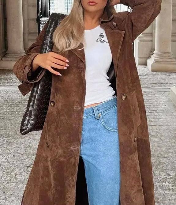 Coffee Double breasted lapel overcoat long trench coat for wholesale on Faire9