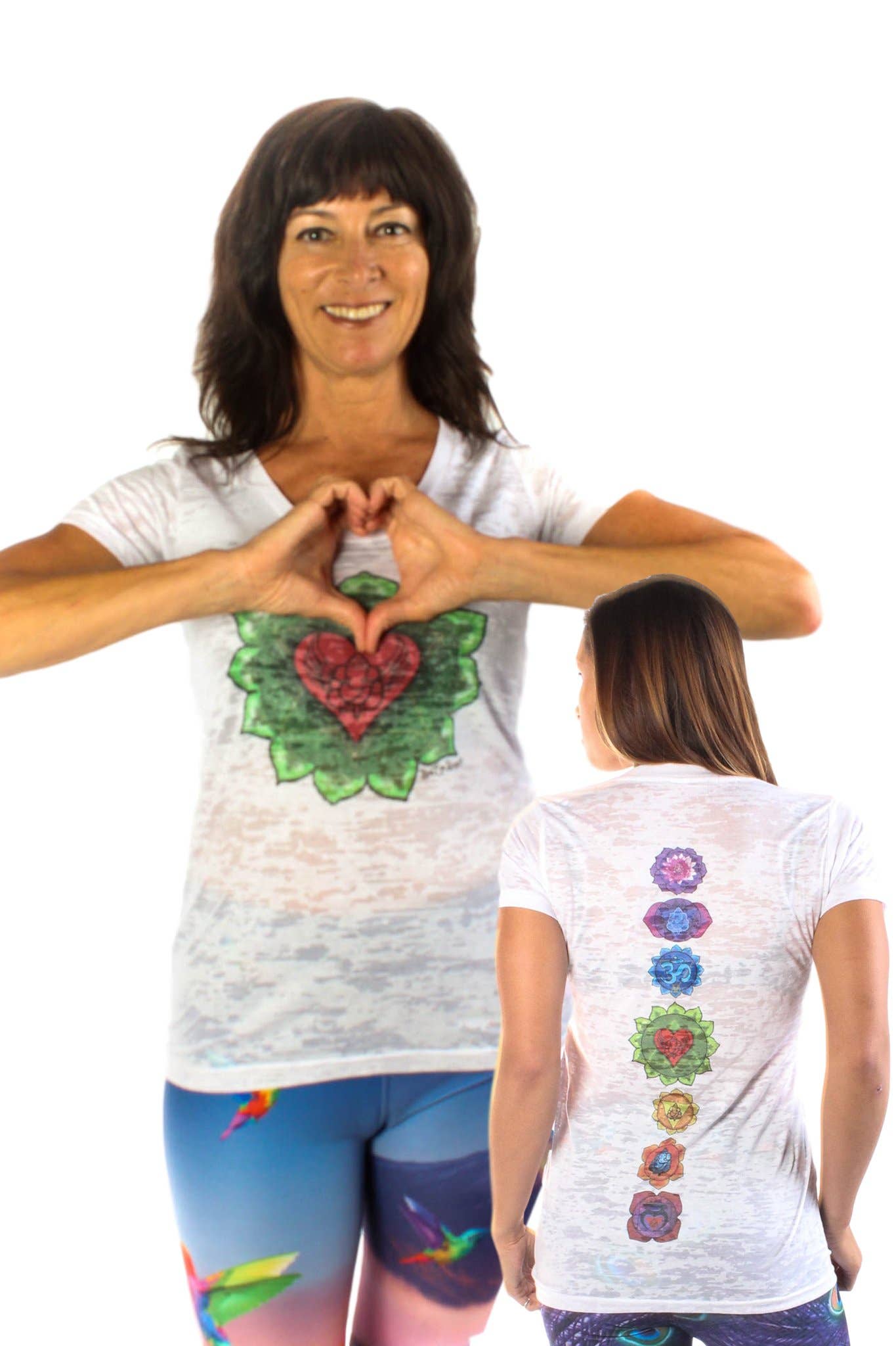 Third Eye Threads - Vente T-shirt sérigraphié – femme - Chakra du cœur sur le devant avec dos plein Chakra sur le col bateau Burnout Crew0