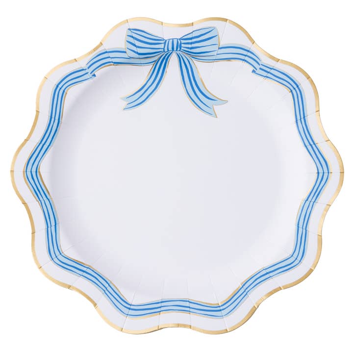ELEGANT BLUE & GOLD BOW DINNER PLATES for wholesale by Bonjour Fête