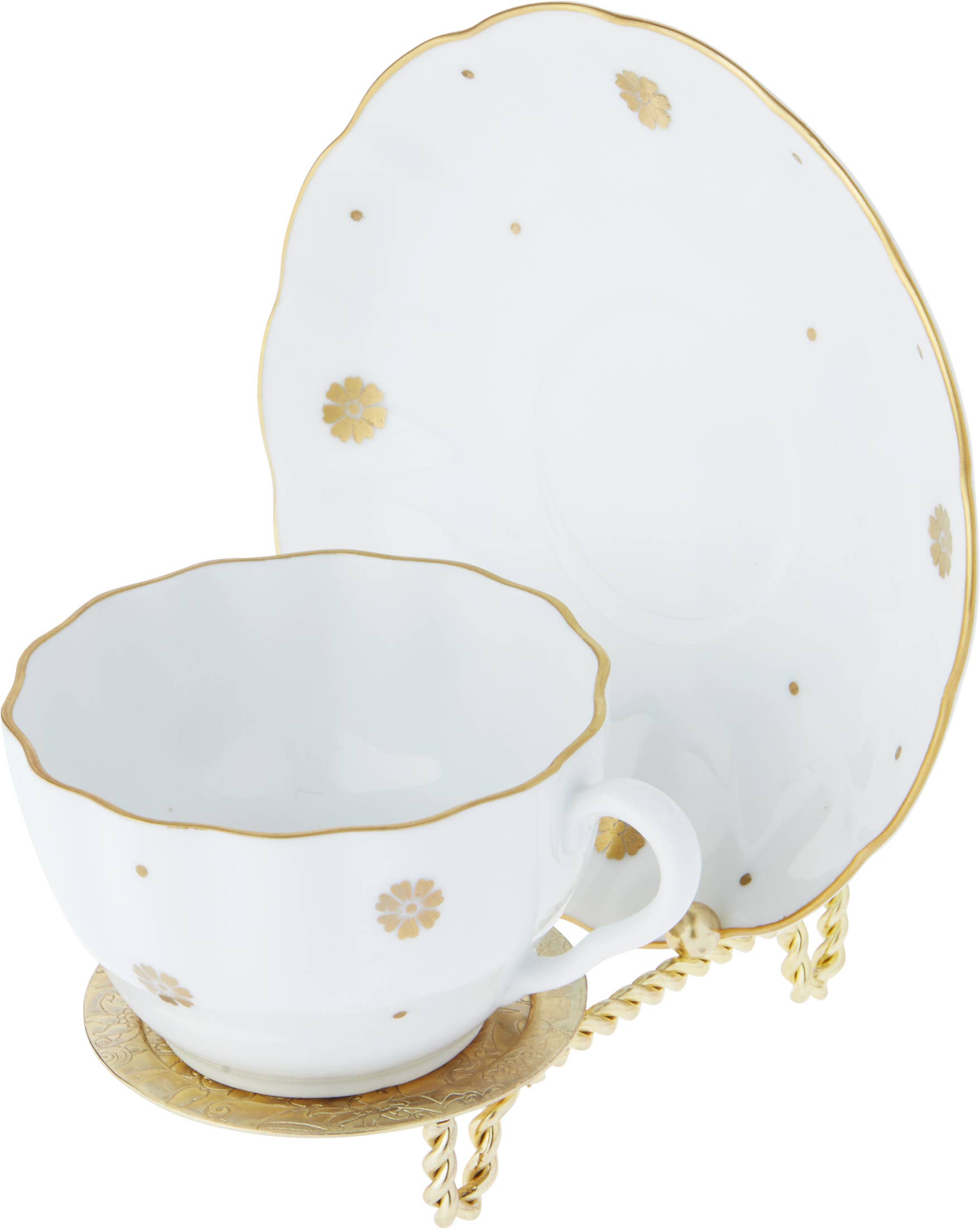 Bard's - Wholesale Decorative Tabletop Object - Bard's Ornate Gold Cup & Saucer Stand, 3" H x 2.75" W x 4" D6