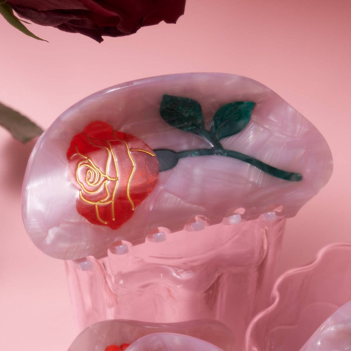 WINONA IRENE - Wholesale Hair Clip - Women's - Women's Belle Pink Single Red Rose Acetate Hair Claw 3