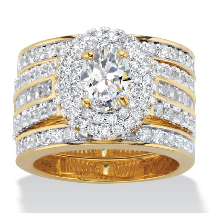 Oval CZ Dobbelt Halo Vielsesringsæt i Guldbelagt Sølv for engroshandel hos PalmBeach Jewelry