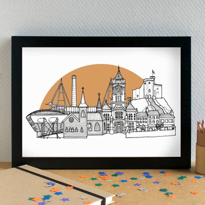Cardiff Skyline Landmarks Art Print - unframed for wholesale by Becka Griffin Illustration