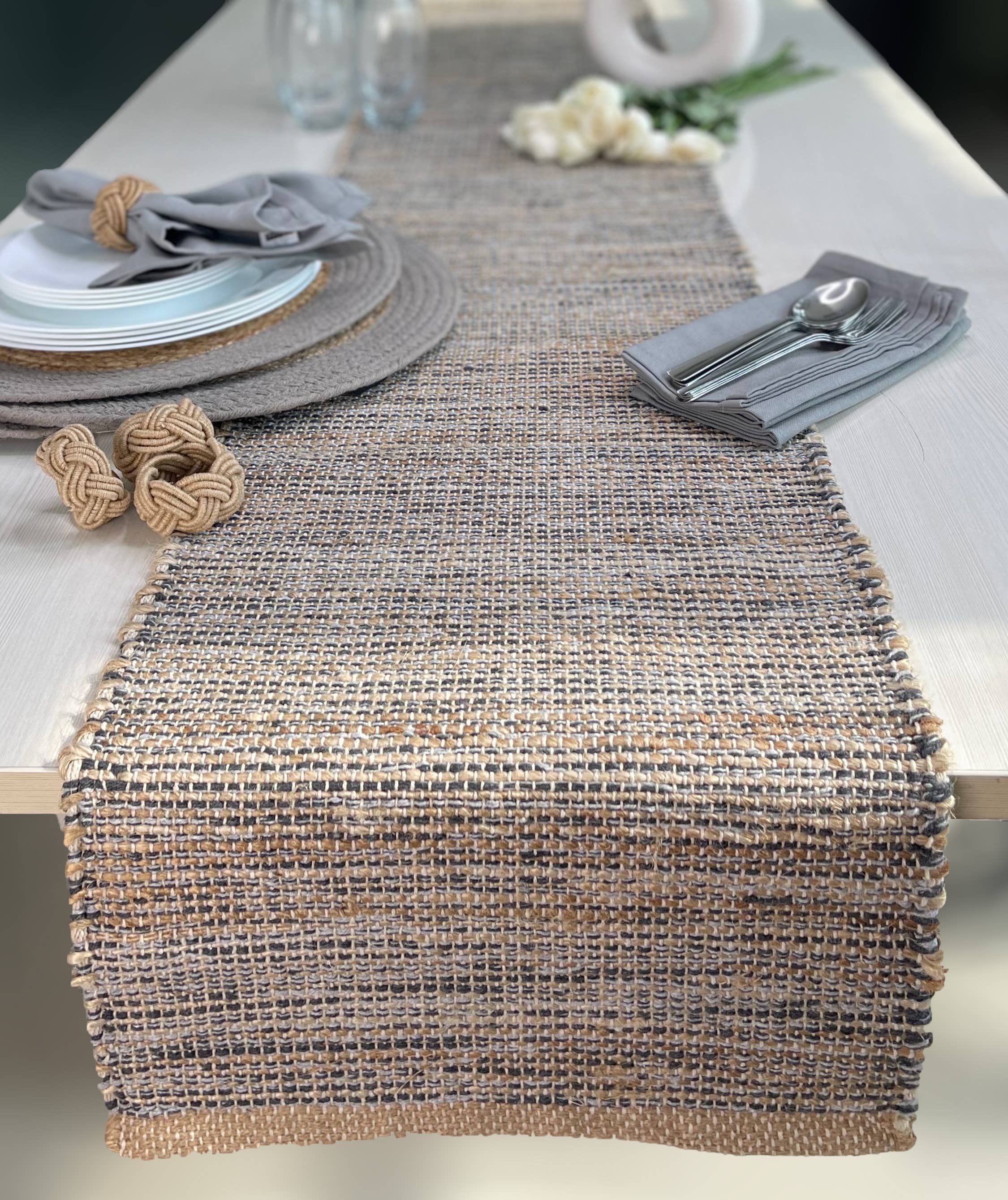 OMBRE TABLE RUNNER, NATURAL JUTE- GREY, 13'' x 72''. for wholesale on Faire4
