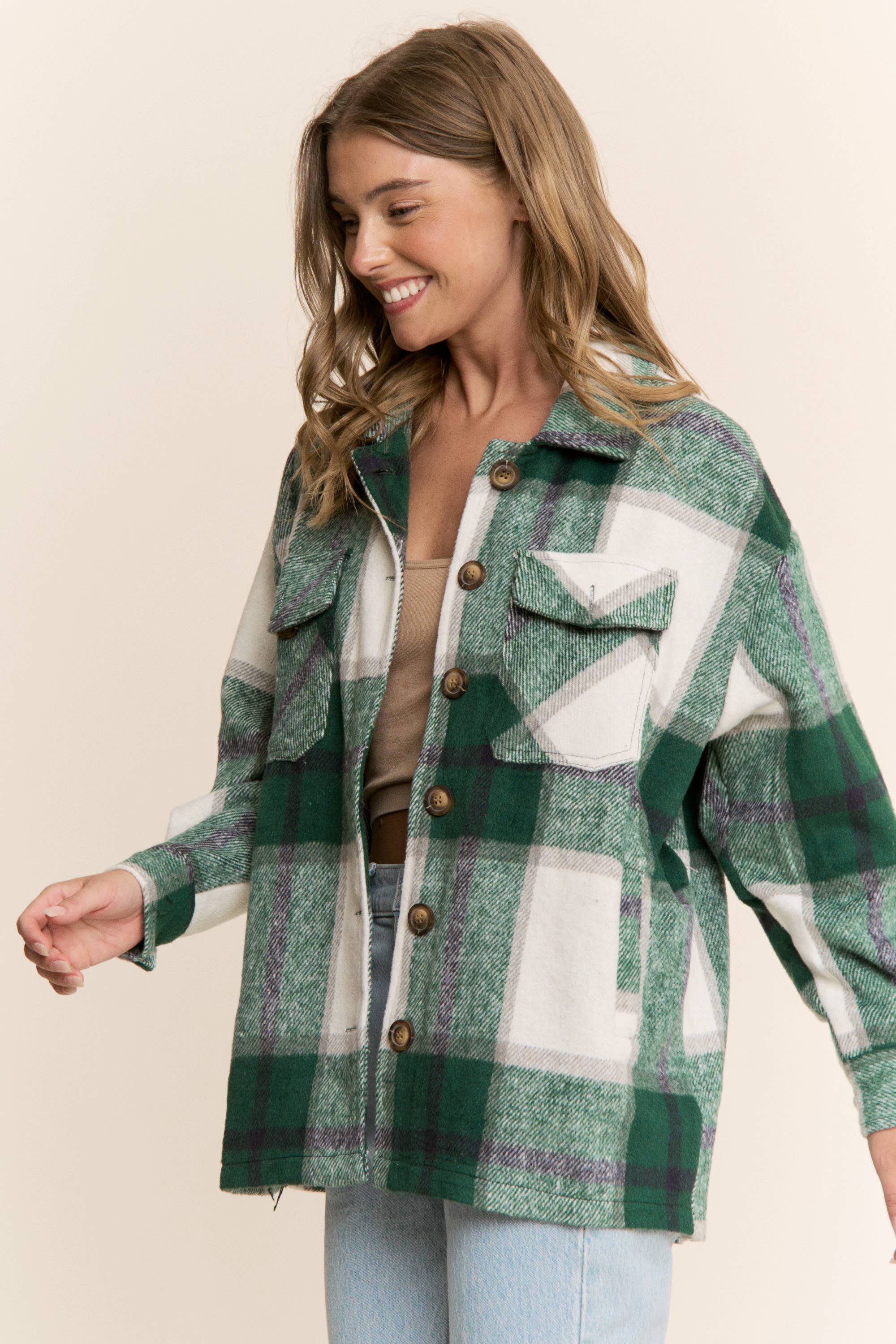 Sweet Generis - Wholesale Shirt Jacket/Shacket - Women's - FUZZY PLAID BUTTON DOWN FLANNEL SHIRT JACKET40