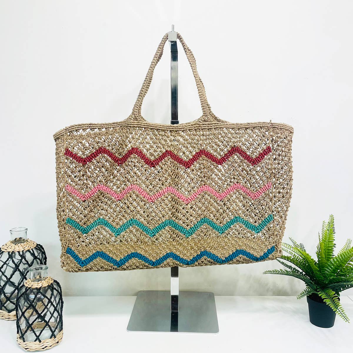 Anju Jewelry - Wholesale Beach Bag - Ibiza Bag - Oversize Jute beach bag  with multicolor waves4