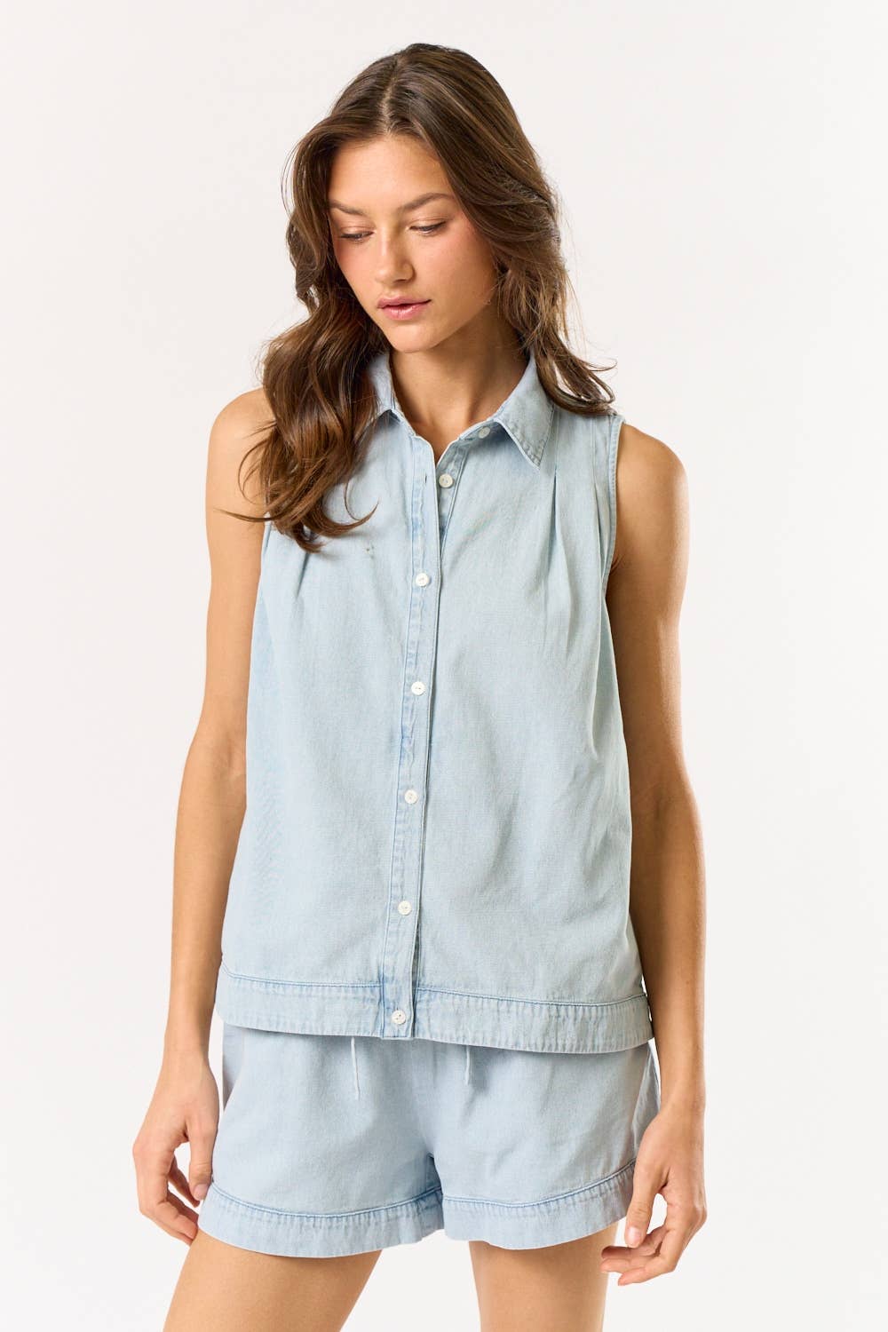 L DENIM Haut en jean sans manches à col et boutons ILT4692 en vente sur Faire1