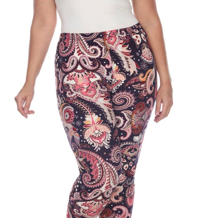 Plus Size Printed Leggings - Purple-Fuchsia Paisley for wholesale by WHITE MARK