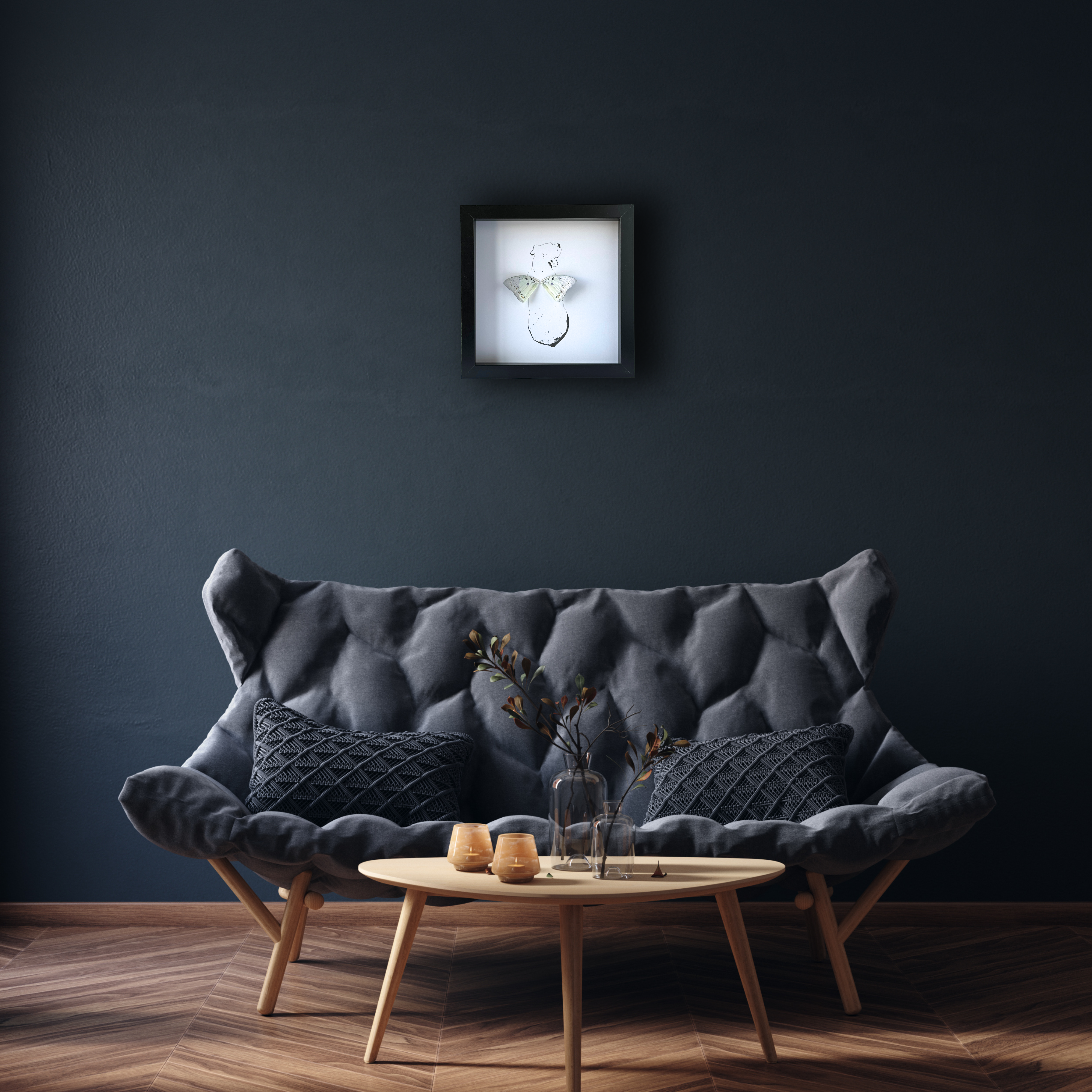 Isms – Großhandel 3D-Wandkunst – Boxermotiv „Sitzender Hund“, gerahmt, mit echten Schmetterlingsflügeln5