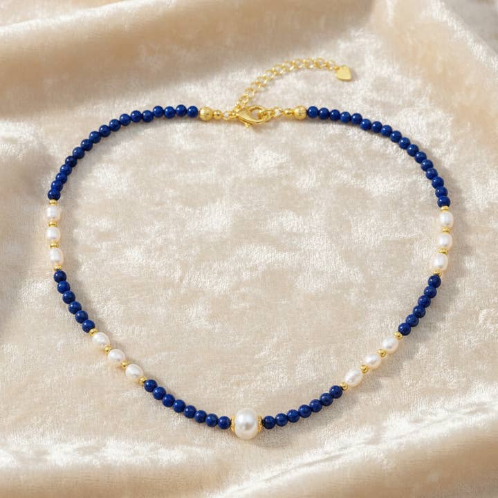 Natural Lapis Lazuli & Freshwater Pearl Gold-Plated Necklace for wholesale by GirlyPirateCo