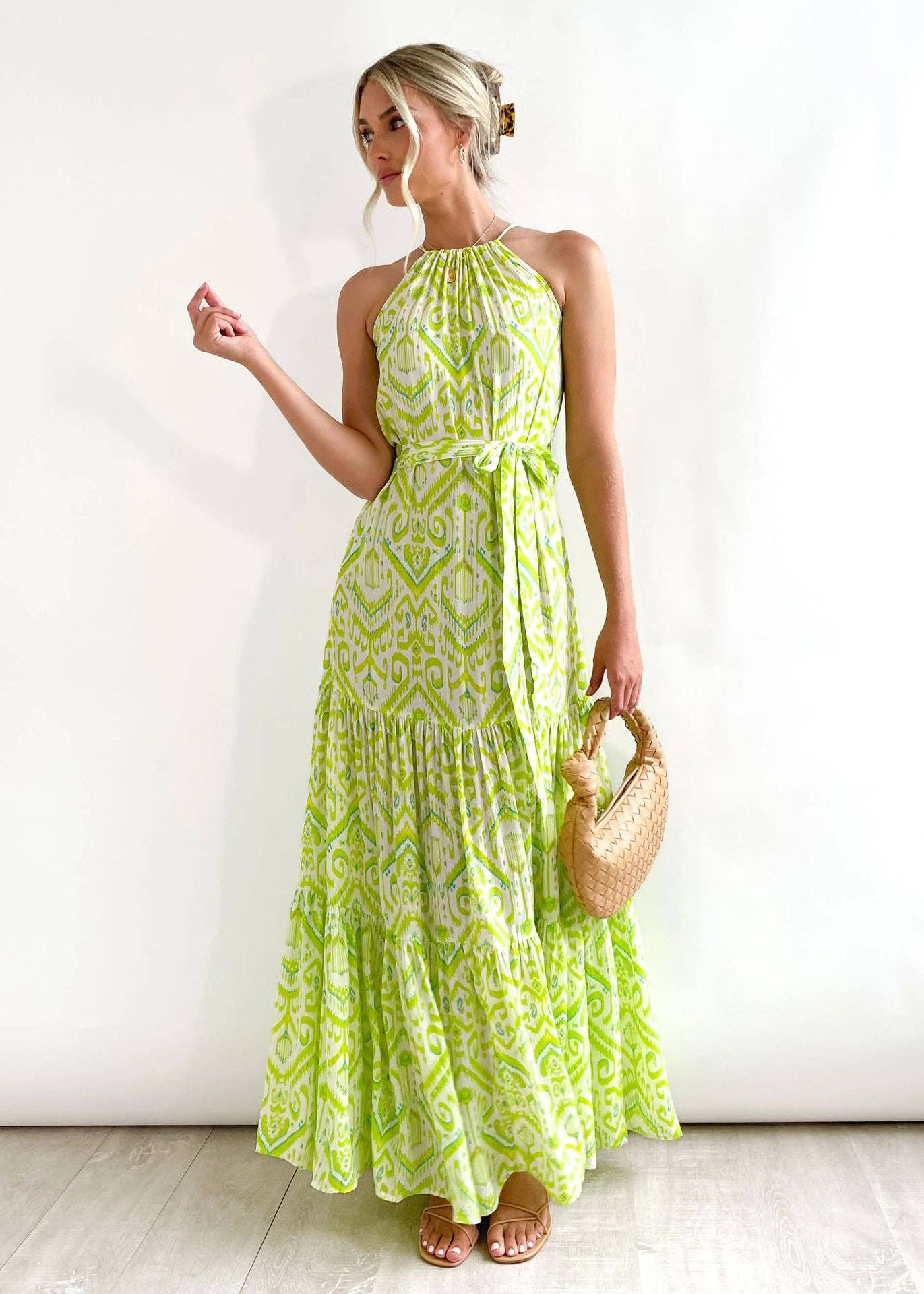 Green Ladies Strape Shoulder Argyle Print Daily Midi Dress 23278 for wholesale on Faire5