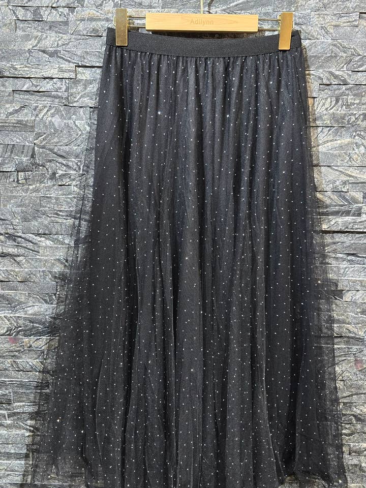 Tulle skirt with rhinestones front and back Z208 Black for wholesale by Adilynn DAYMENTEX
