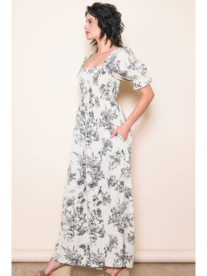 Elloh Collection - Wholesale Jumpsuit - Women's - Square Neck Puff Sleeve Wide Leg Antique Floral Jumper 10