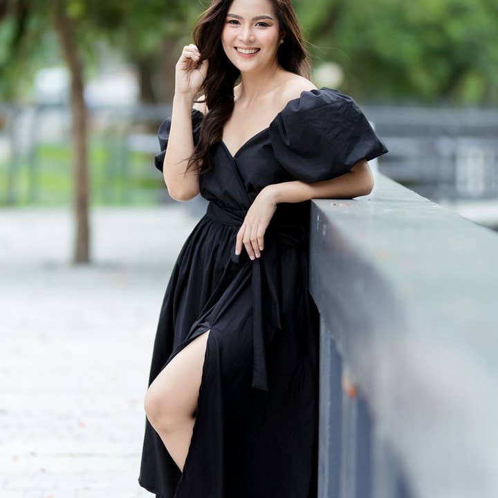 Lucilla Mommy and Me Puff Sleeve Dress- Black for wholesale by Little Grey