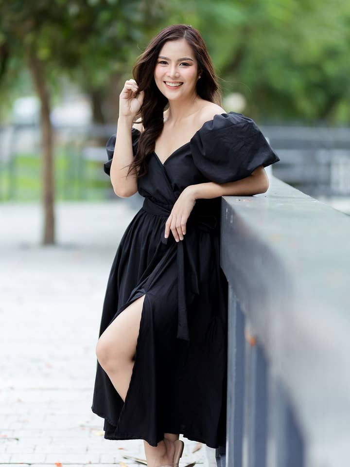 Lucilla Mommy and Me Puff Sleeve Dress- Black for wholesale by Little Grey