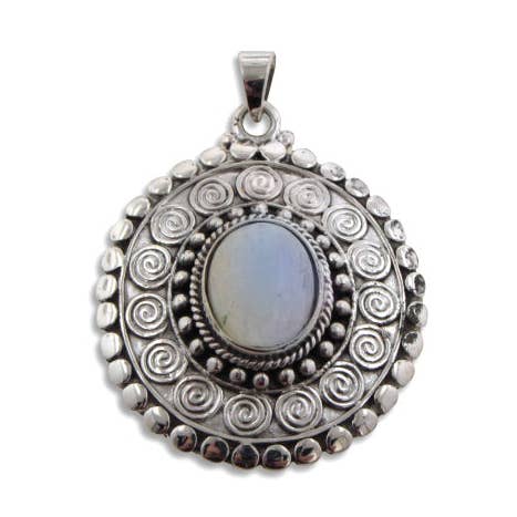 Genuine Rainbow Moonstone Large Shield Disc Sterling Silver Pendant for wholesale by Silver Insanity