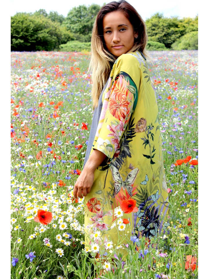 Yellow Silk Kimono Jacket in 'Enticement' print size S/M for wholesale by Alice Acreman Silks