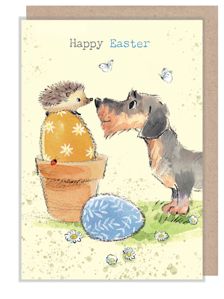 Easter Card - Hedgehog and dog - ABEASTER07 for wholesale by Paper Shed Design Ltd