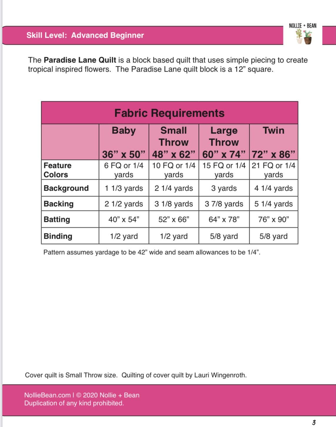 Nollie Bean – wholesale Craft sewing kit – Paradise Lane Quilt Pattern (Printed)2