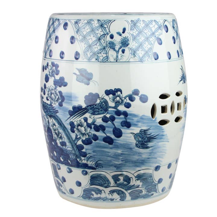 Legend Accents - Wholesale Stool - B&W Village Flower Bird Garden Stool