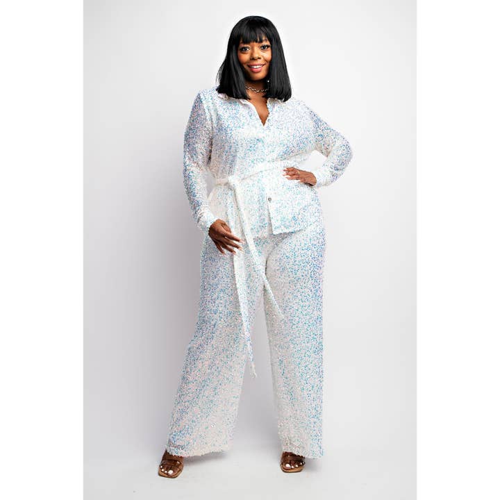 ENSEMBLE CHEMISE À SEQUINS ET PANTALON À JAMBES LARGES 74299-4CJSM GRANDE TAILLE pour la vente par The Curve LA
