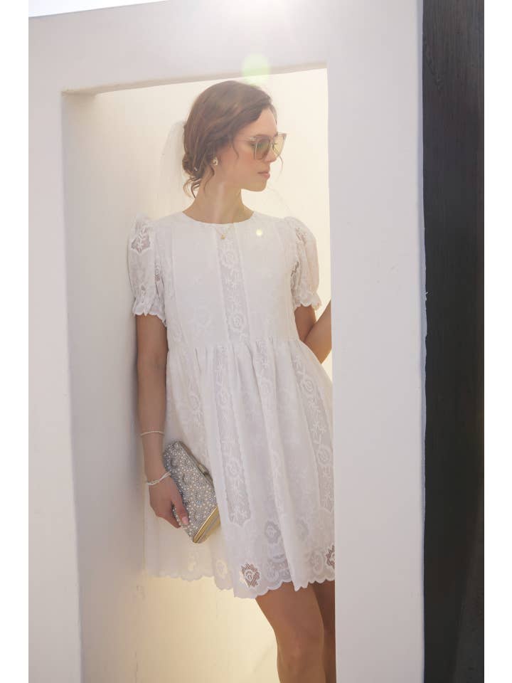 OFF WHITE FLORAL EMBROIDERY BABYDOLL MINI DRESS WITH BORDER for wholesale on Faire