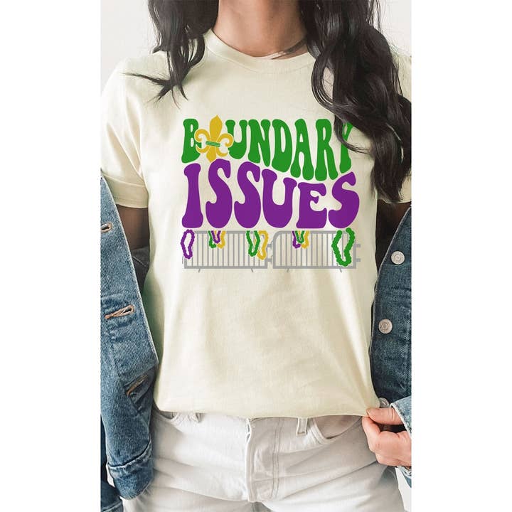 Mardi Gras, Boundary Issues, Fleur De Lis, Party, Beads, Tee for wholesale by Kissed Apparel