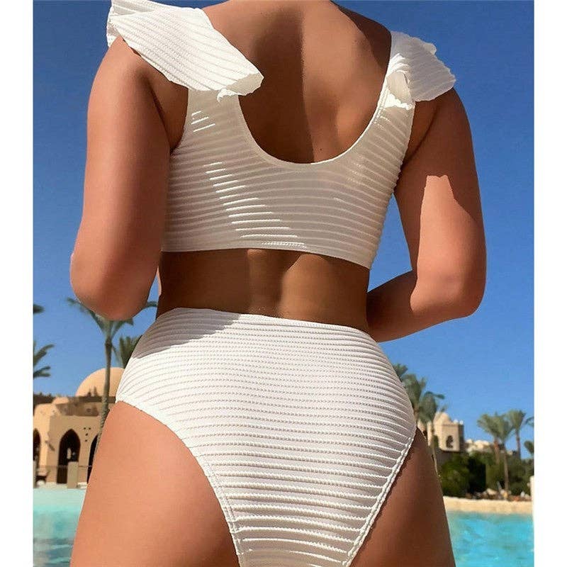 WHITE High Waist Solid Color Bikini With V Neck And Ruffle for wholesale on Faire3