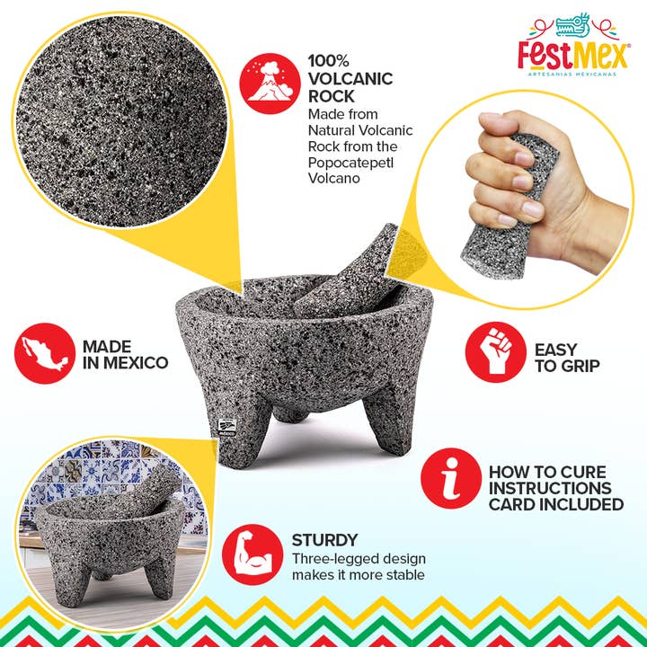 FESTMEX - Wholesale Mortar & pestle - Genuine Handmade Mexican Mortar and Pestle, Molcajete de Piedra Natural Volcanica Stone, Heavy & Durable, Perfect for Homemade Salsas, Guacamole, and other Molcajete Plates | Made in Mexico (8 Inches)2