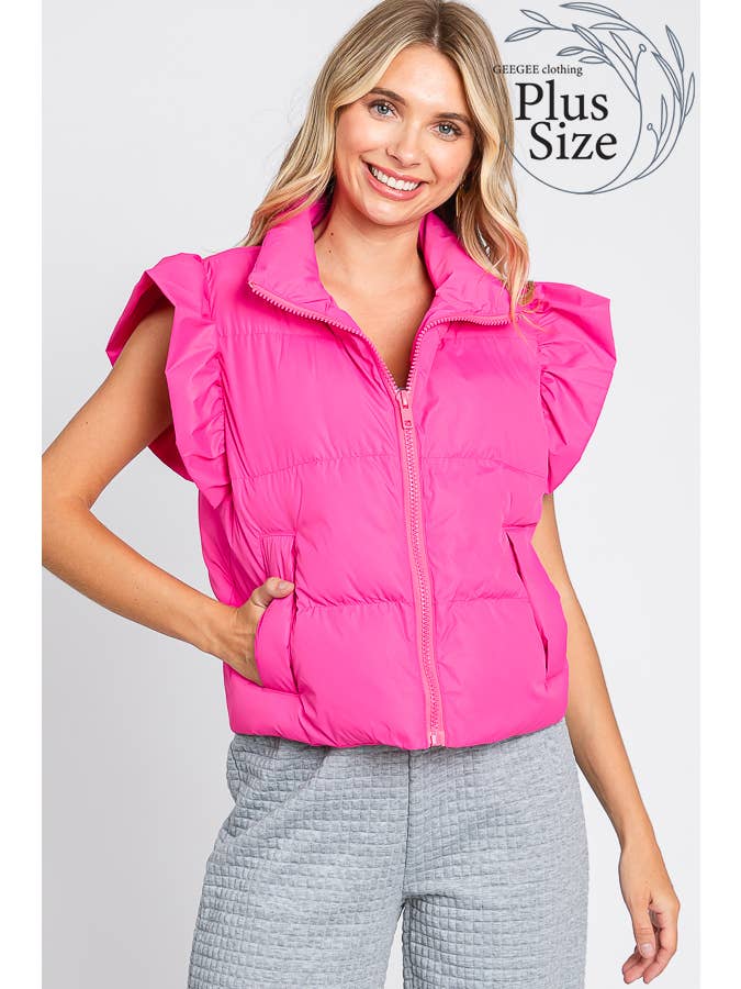 GeeGee x Lovelo - Wholesale Outerwear Vest - Women's - Plus Ruffled Sleeve Puffer Vest, MJ4501PL17