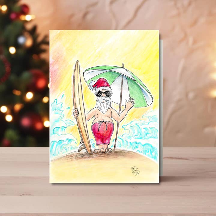 Wilkie Studios - Wholesale Season's Greetings Card - Santa's Holiday Beach Vacation Greeting Card 1