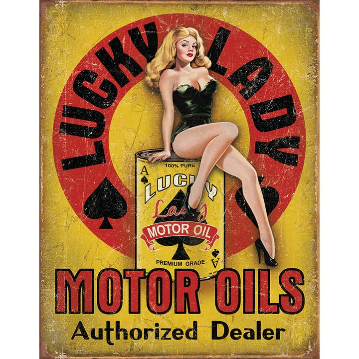 Lucky Lady Motor Oil Tin Sign for wholesale by Desperate Enterprises