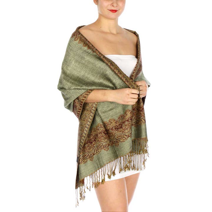SERENITA – wholesale Scarf – Women's – Pashmina Scarf Paisley Border Reversible Wrap Wedding Shawl