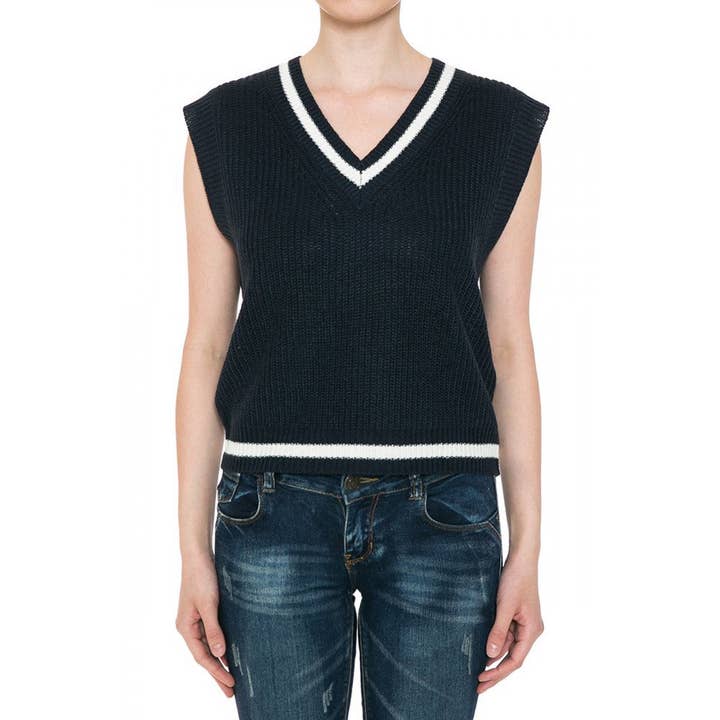 GILET PULL COURT À RAYURES CONTRASTANTES À COL EN V pour la vente par Timeless