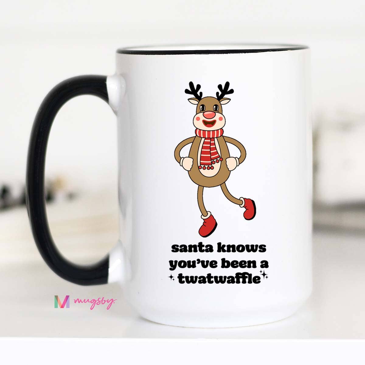 Mugsby - Wholesale Coffee Mug - Santa Knows Retro Funny Christmas Coffee Mug, Reindeer1