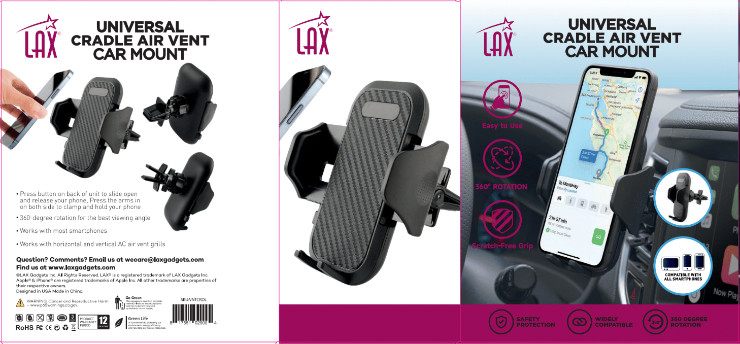 LAX Gadgets - Vente Support pour téléphone/tablette - Support d'aération pour berceau pour smartphone - Emballage de vente au détail3