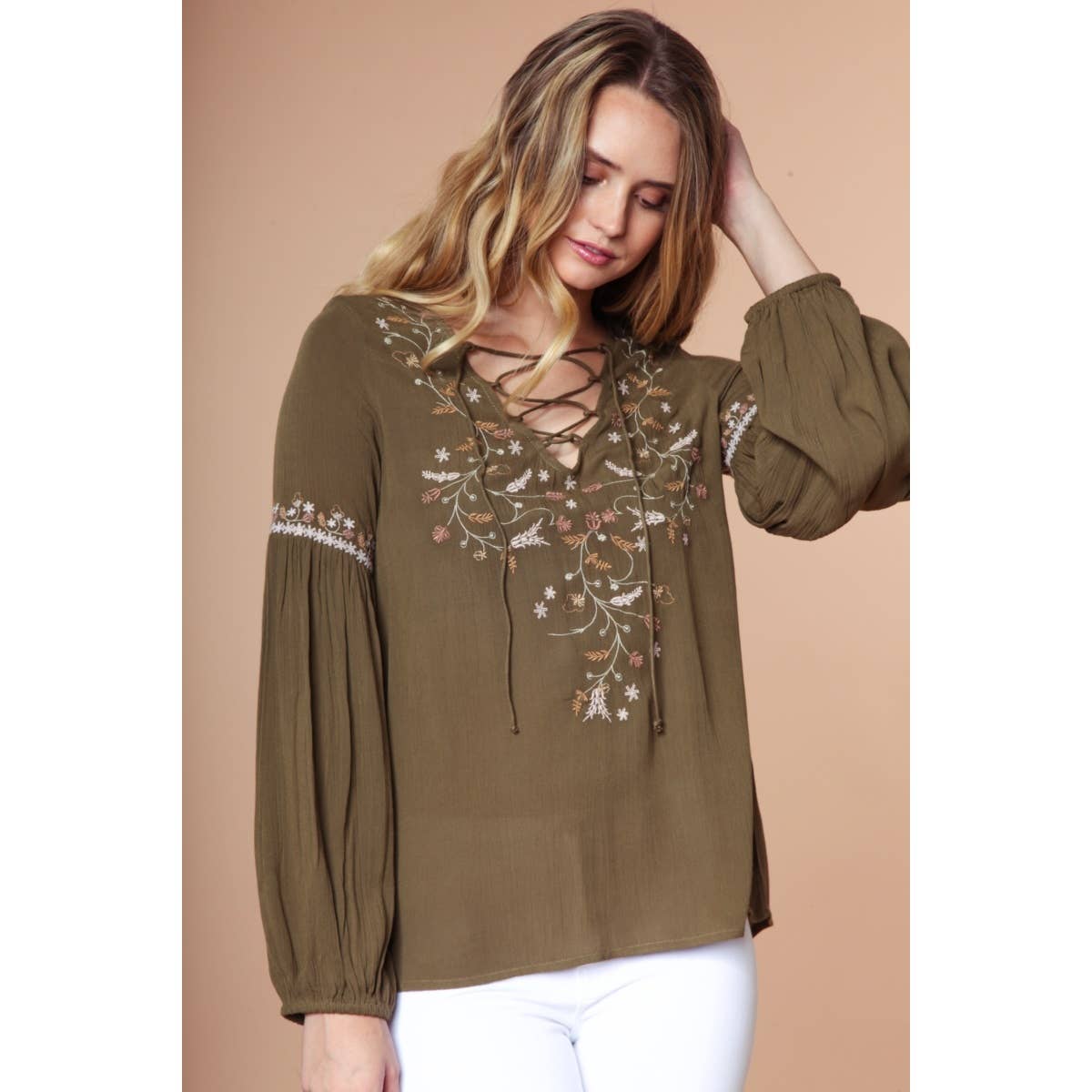 Naked Zebra Rack – wholesale Blouse – Women’s – Embroidered Lace Up Long Sleeve Blouse3