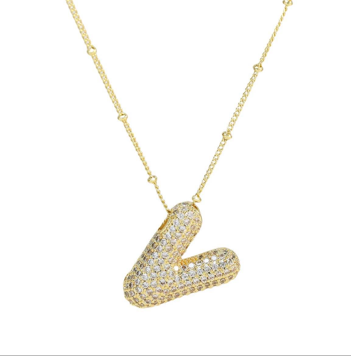 The Classy Cloth WS - Wholesale Pendant/Charm Necklace - Jeweled Cz Bubble Letter Initial Necklace - Gold RTS20