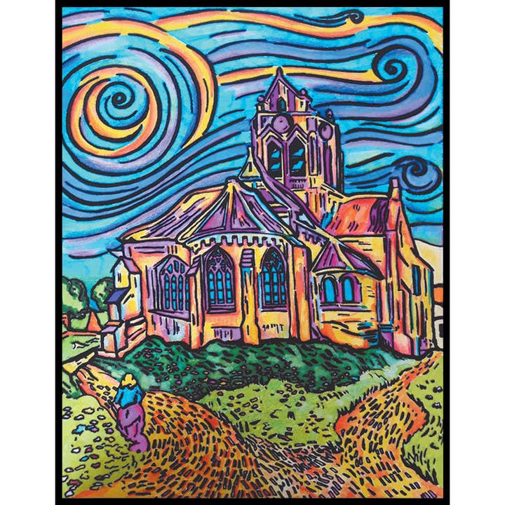 Church of Auvers velvet drawing to color made in Ita for wholesale by Colorvelvet