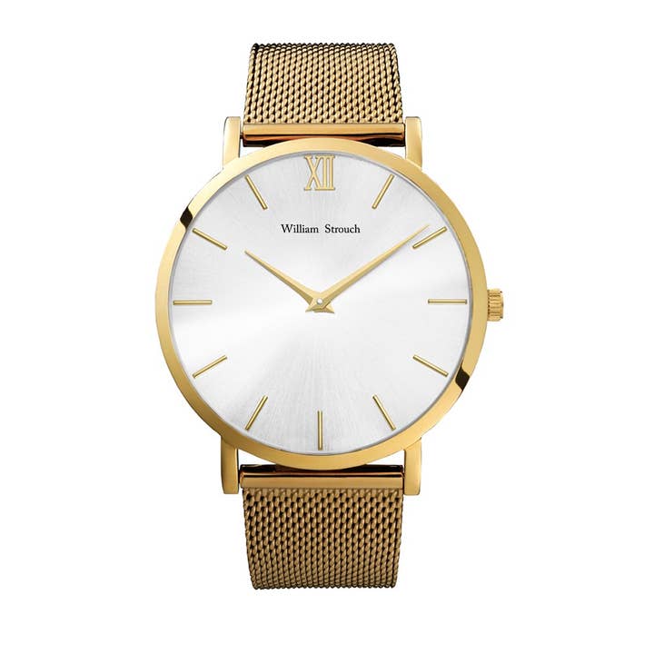 Gouden en zilveren horloge met metalen mesh band voor wholesale door William Strouch