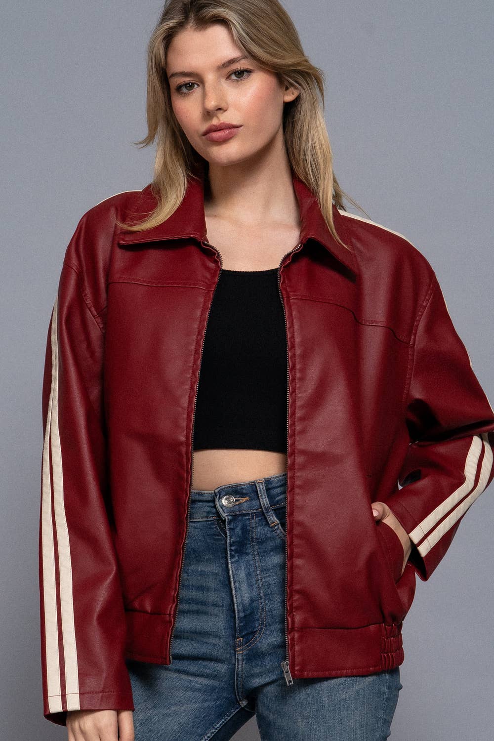 Active Basic | Active USA - Wholesale Leather Jacket - Women's - Long Sleeve Line Detail Faux Leather Jacket5